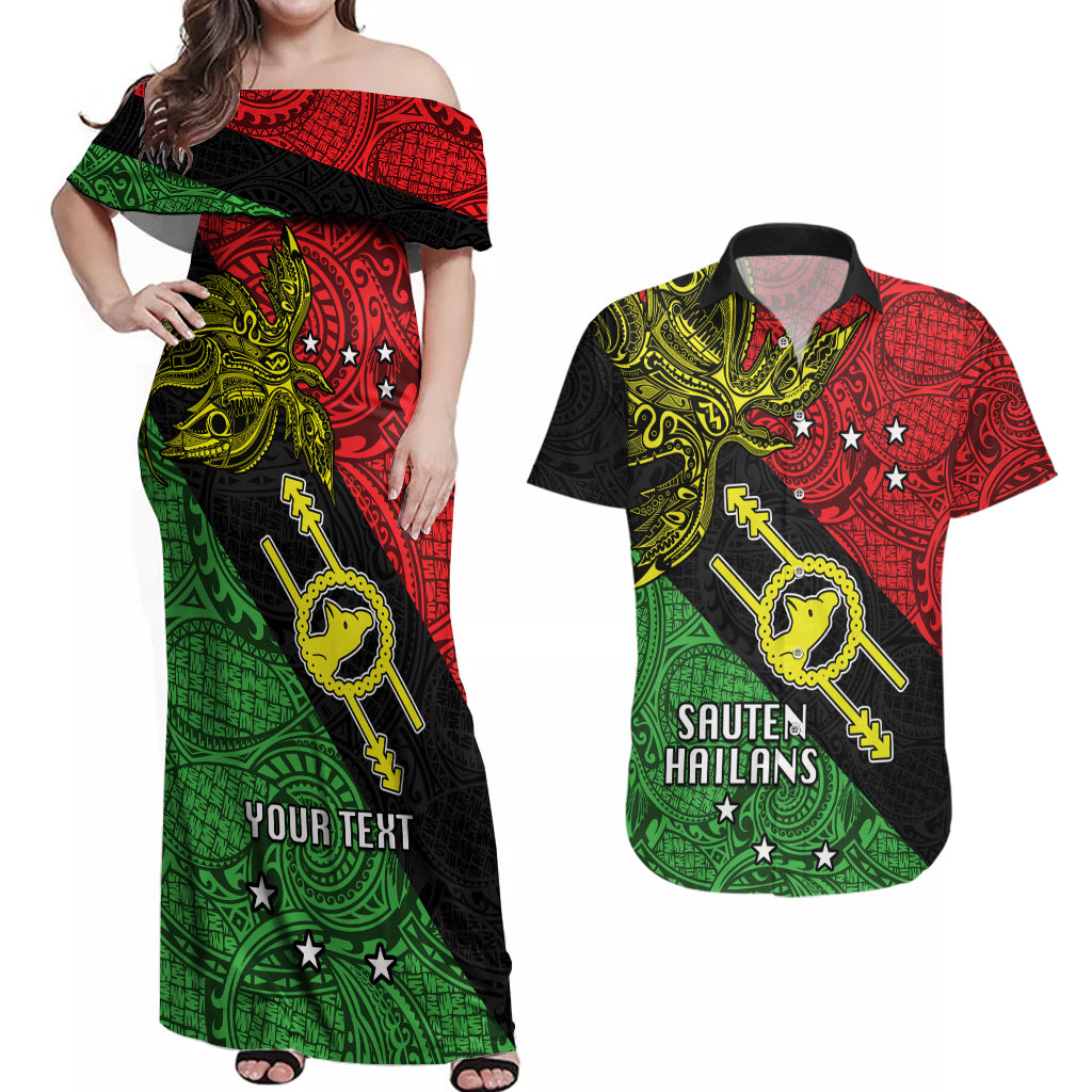 Personalised Papua New Guinea Southern Highlands Province Couples Matching Off Shoulder Maxi Dress and Hawaiian Shirt PNG Birds Of Paradise Polynesian Arty Style LT03 Black - Polynesian Pride