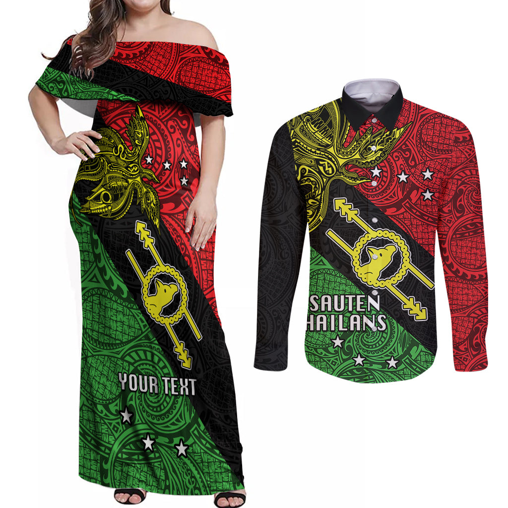 Personalised Papua New Guinea Southern Highlands Province Couples Matching Off Shoulder Maxi Dress and Long Sleeve Button Shirts PNG Birds Of Paradise Polynesian Arty Style LT03 Black - Polynesian Pride