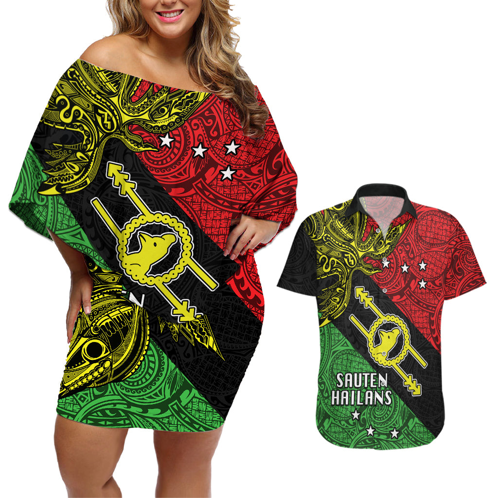 Personalised Papua New Guinea Southern Highlands Province Couples Matching Off Shoulder Short Dress and Hawaiian Shirt PNG Birds Of Paradise Polynesian Arty Style LT03 Black - Polynesian Pride