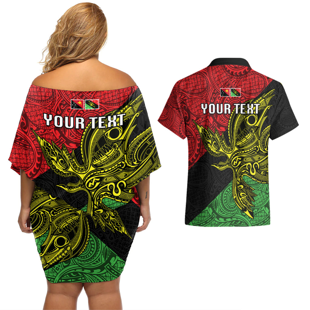 Personalised Papua New Guinea Southern Highlands Province Couples Matching Off Shoulder Short Dress and Hawaiian Shirt PNG Birds Of Paradise Polynesian Arty Style LT03 - Polynesian Pride