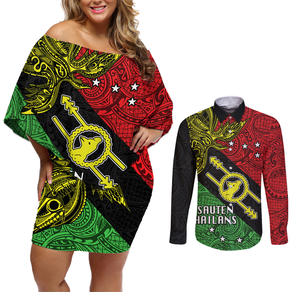 Personalised Papua New Guinea Southern Highlands Province Couples Matching Off Shoulder Short Dress and Long Sleeve Button Shirts PNG Birds Of Paradise Polynesian Arty Style LT03 Black - Polynesian Pride