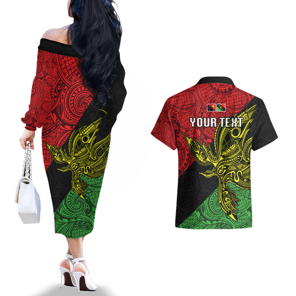 Personalised Papua New Guinea Southern Highlands Province Couples Matching Off The Shoulder Long Sleeve Dress and Hawaiian Shirt PNG Birds Of Paradise Polynesian Arty Style LT03 - Polynesian Pride