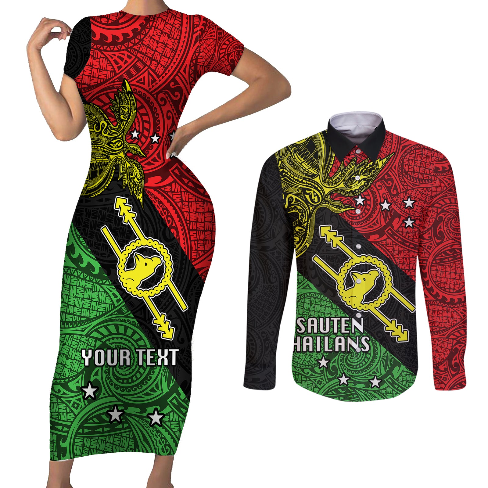 Personalised Papua New Guinea Southern Highlands Province Couples Matching Short Sleeve Bodycon Dress and Long Sleeve Button Shirts PNG Birds Of Paradise Polynesian Arty Style LT03 Black - Polynesian Pride