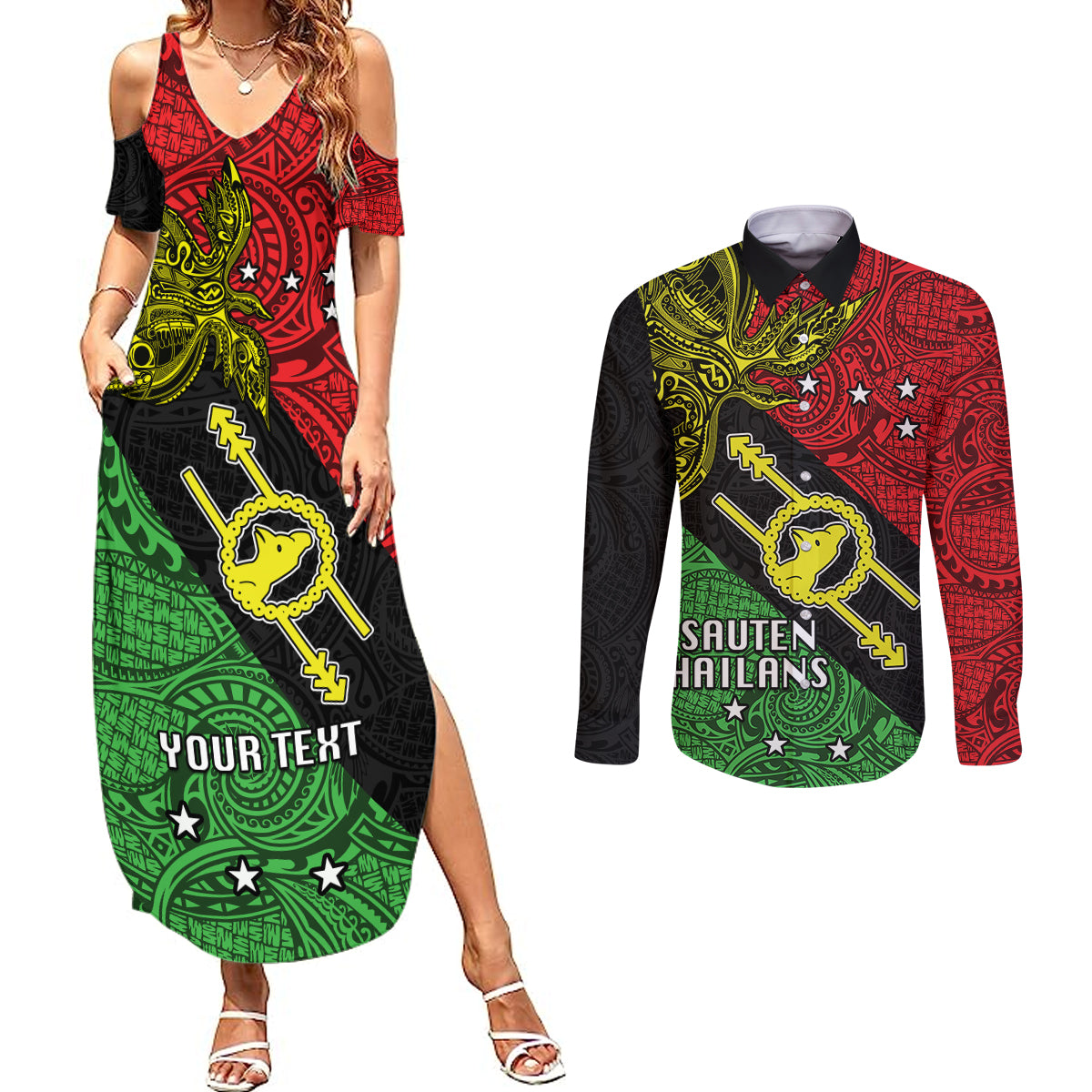 Personalised Papua New Guinea Southern Highlands Province Couples Matching Summer Maxi Dress and Long Sleeve Button Shirts PNG Birds Of Paradise Polynesian Arty Style LT03 Black - Polynesian Pride