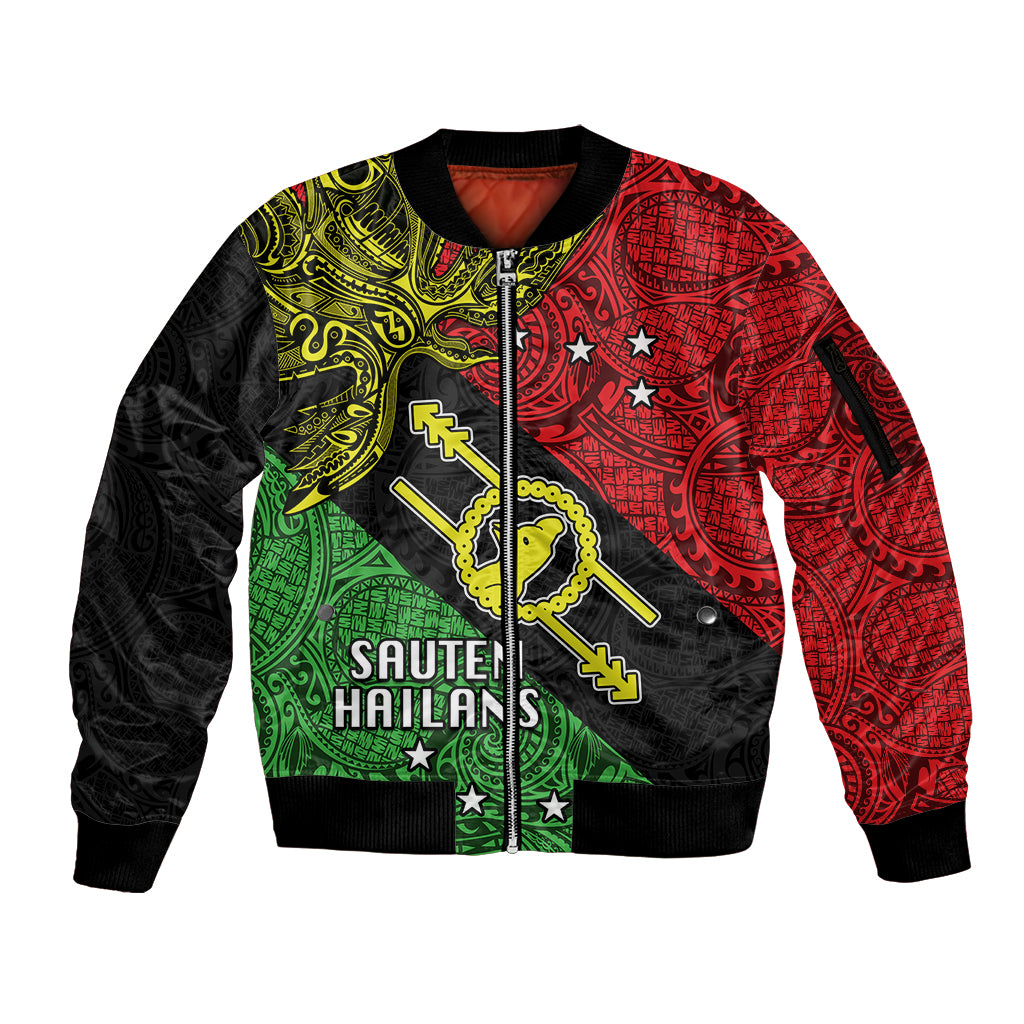 Personalised Papua New Guinea Southern Highlands Province Sleeve Zip Bomber Jacket PNG Birds Of Paradise Polynesian Arty Style LT03 Unisex Black - Polynesian Pride