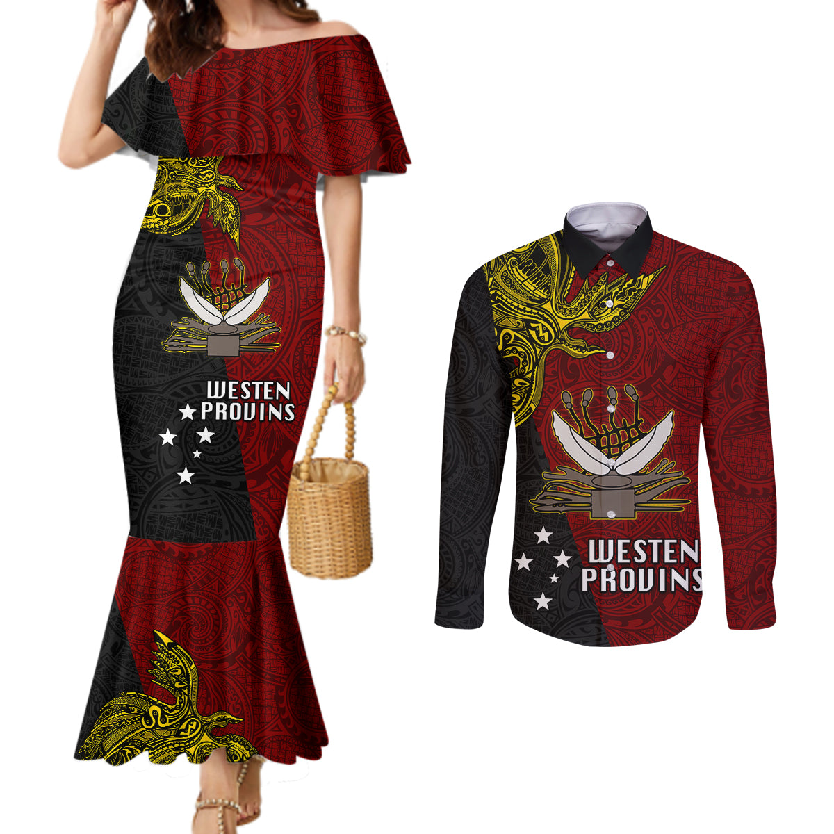 Papua New Guinea Western Province Couples Matching Mermaid Dress and Long Sleeve Button Shirts PNG Birds Of Paradise Polynesian Arty Style LT03 Red - Polynesian Pride