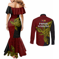 Papua New Guinea Western Province Couples Matching Mermaid Dress and Long Sleeve Button Shirts PNG Birds Of Paradise Polynesian Arty Style LT03 - Polynesian Pride