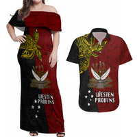 Papua New Guinea Western Province Couples Matching Off Shoulder Maxi Dress and Hawaiian Shirt PNG Birds Of Paradise Polynesian Arty Style LT03 Red - Polynesian Pride