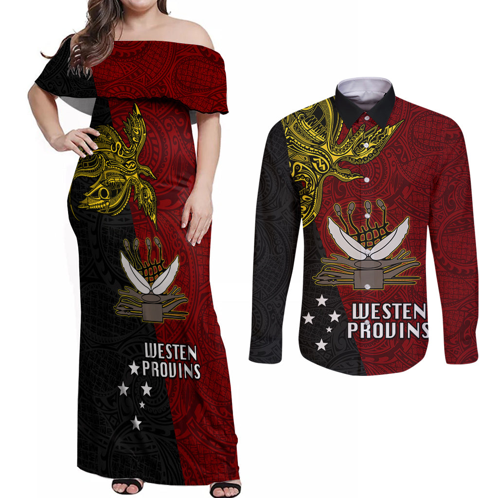 Papua New Guinea Western Province Couples Matching Off Shoulder Maxi Dress and Long Sleeve Button Shirts PNG Birds Of Paradise Polynesian Arty Style LT03 Red - Polynesian Pride