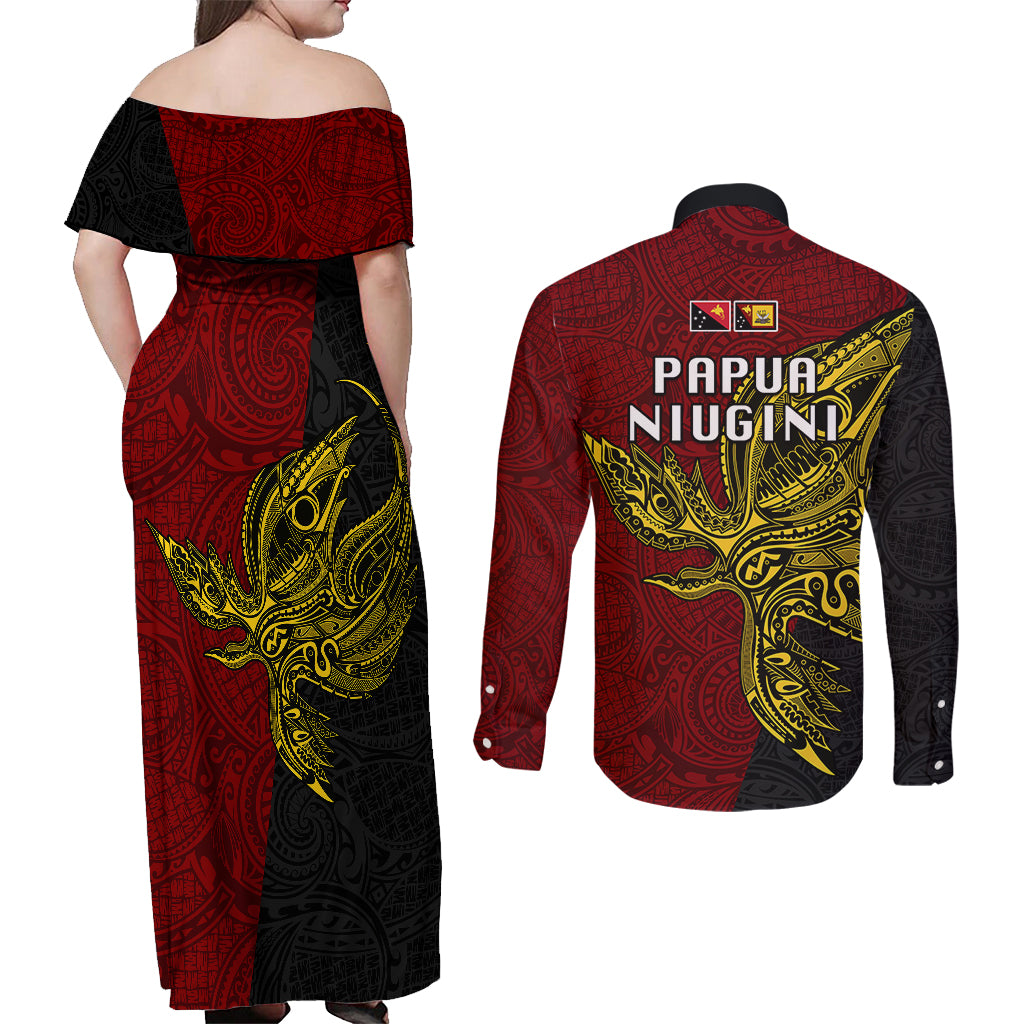 Papua New Guinea Western Province Couples Matching Off Shoulder Maxi Dress and Long Sleeve Button Shirts PNG Birds Of Paradise Polynesian Arty Style LT03 - Polynesian Pride