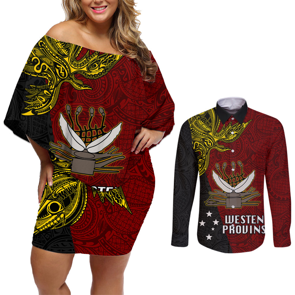 Papua New Guinea Western Province Couples Matching Off Shoulder Short Dress and Long Sleeve Button Shirts PNG Birds Of Paradise Polynesian Arty Style LT03 Red - Polynesian Pride