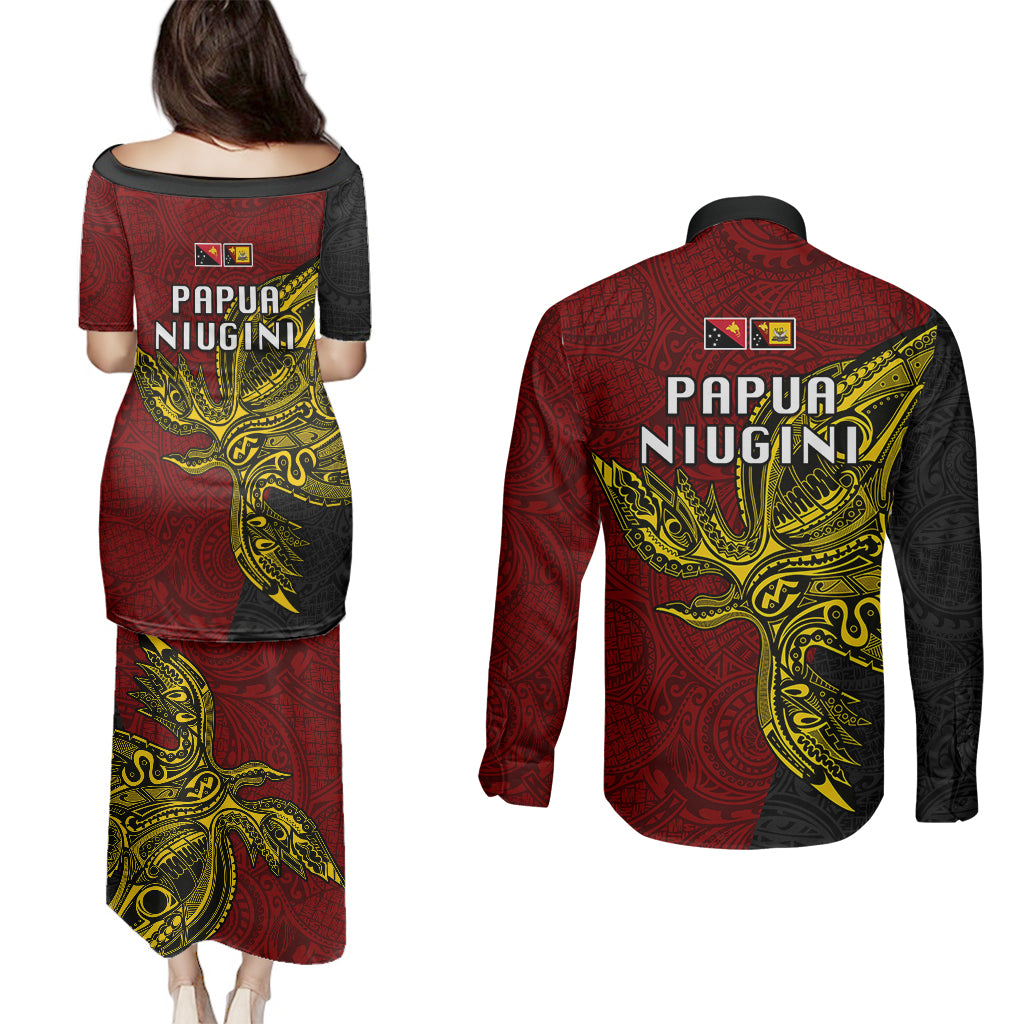 Papua New Guinea Western Province Couples Matching Puletasi Dress and Long Sleeve Button Shirts PNG Birds Of Paradise Polynesian Arty Style LT03 - Polynesian Pride