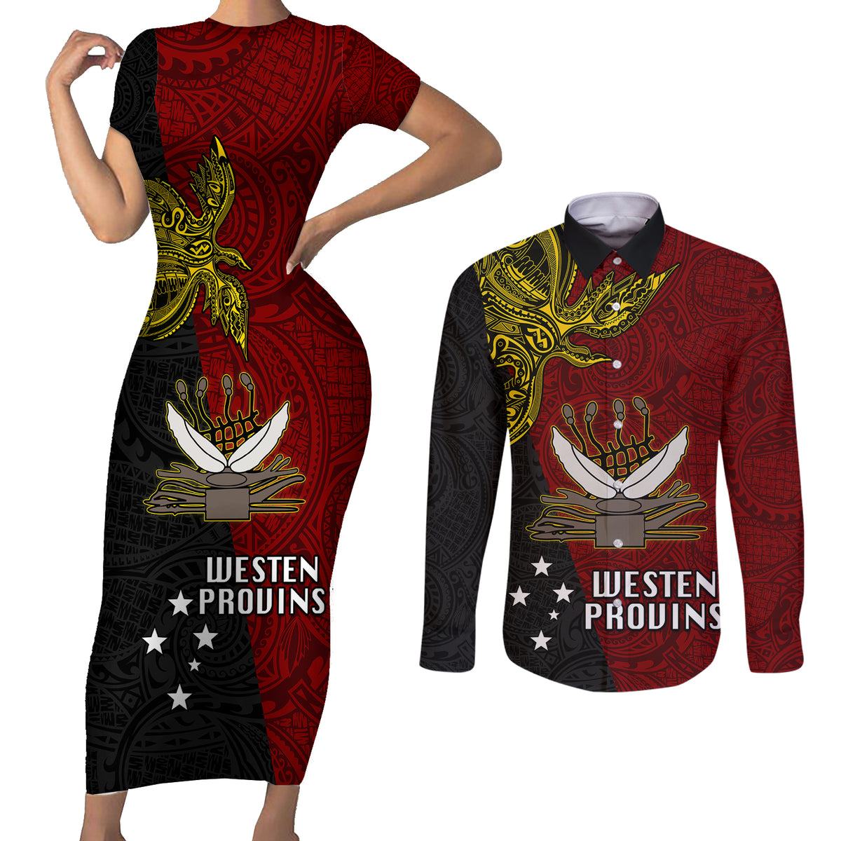 Papua New Guinea Western Province Couples Matching Short Sleeve Bodycon Dress and Long Sleeve Button Shirts PNG Birds Of Paradise Polynesian Arty Style LT03 Red - Polynesian Pride