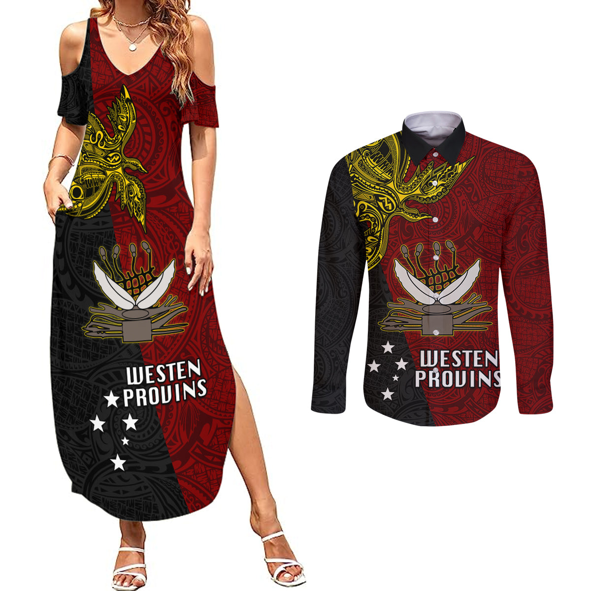Papua New Guinea Western Province Couples Matching Summer Maxi Dress and Long Sleeve Button Shirts PNG Birds Of Paradise Polynesian Arty Style LT03 Red - Polynesian Pride
