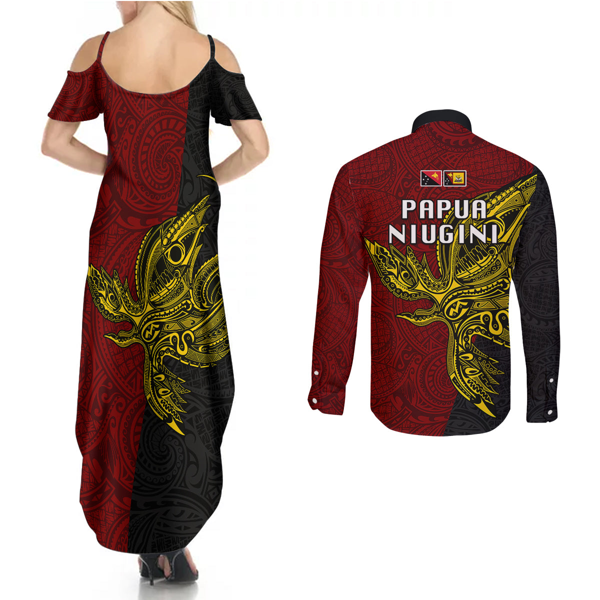 Papua New Guinea Western Province Couples Matching Summer Maxi Dress and Long Sleeve Button Shirts PNG Birds Of Paradise Polynesian Arty Style LT03 - Polynesian Pride