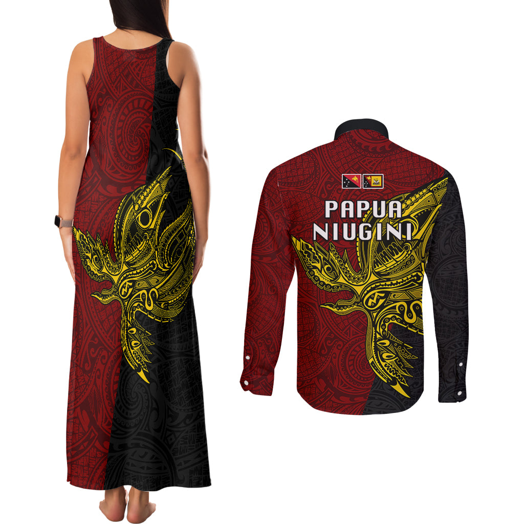 Papua New Guinea Western Province Couples Matching Tank Maxi Dress and Long Sleeve Button Shirts PNG Birds Of Paradise Polynesian Arty Style LT03 - Polynesian Pride