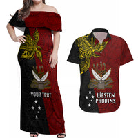 Personalised Papua New Guinea Western Province Couples Matching Off Shoulder Maxi Dress and Hawaiian Shirt PNG Birds Of Paradise Polynesian Arty Style LT03 Red - Polynesian Pride