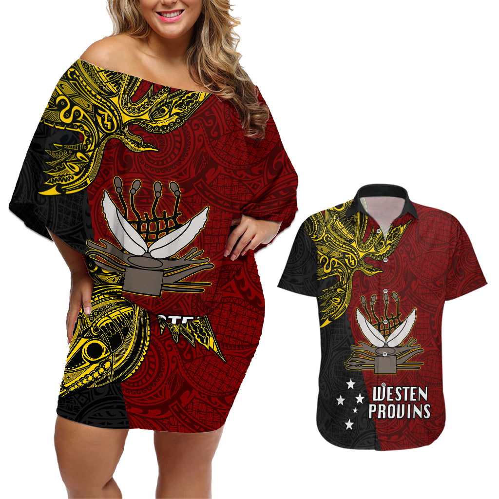 Personalised Papua New Guinea Western Province Couples Matching Off Shoulder Short Dress and Hawaiian Shirt PNG Birds Of Paradise Polynesian Arty Style LT03 Red - Polynesian Pride
