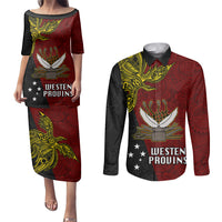 Personalised Papua New Guinea Western Province Couples Matching Puletasi Dress and Long Sleeve Button Shirts PNG Birds Of Paradise Polynesian Arty Style LT03 Red - Polynesian Pride
