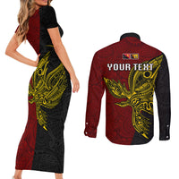 Personalised Papua New Guinea Western Province Couples Matching Short Sleeve Bodycon Dress and Long Sleeve Button Shirts PNG Birds Of Paradise Polynesian Arty Style LT03 - Polynesian Pride