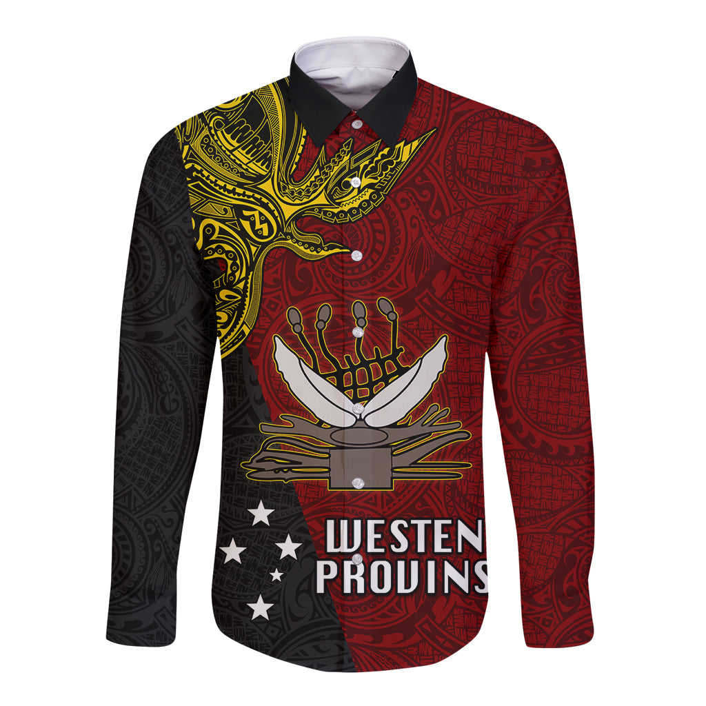 Personalised Papua New Guinea Western Province Long Sleeve Button Shirt PNG Birds Of Paradise Polynesian Arty Style LT03 Unisex Red - Polynesian Pride