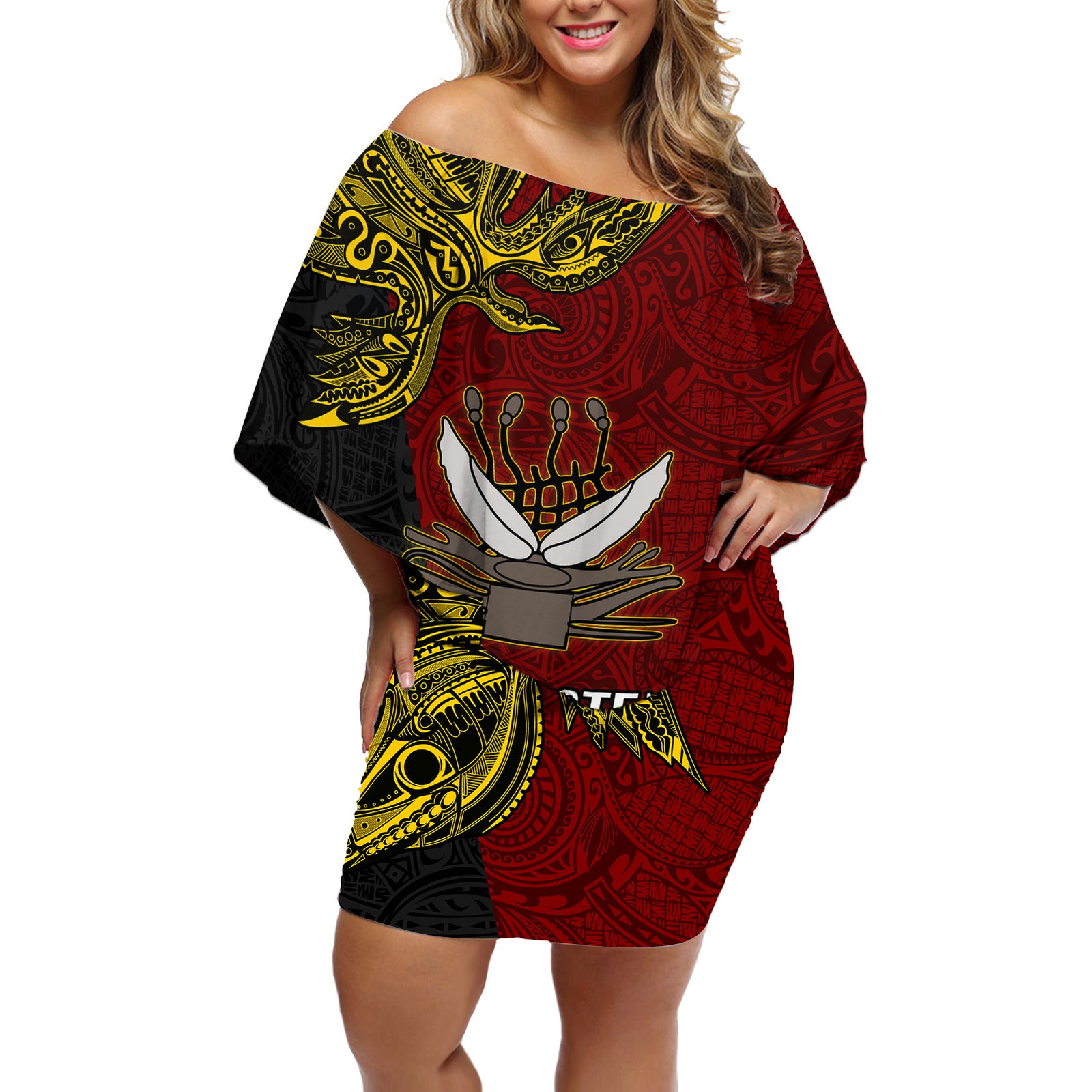 Personalised Papua New Guinea Western Province Off Shoulder Short Dress PNG Birds Of Paradise Polynesian Arty Style LT03 Women Red - Polynesian Pride