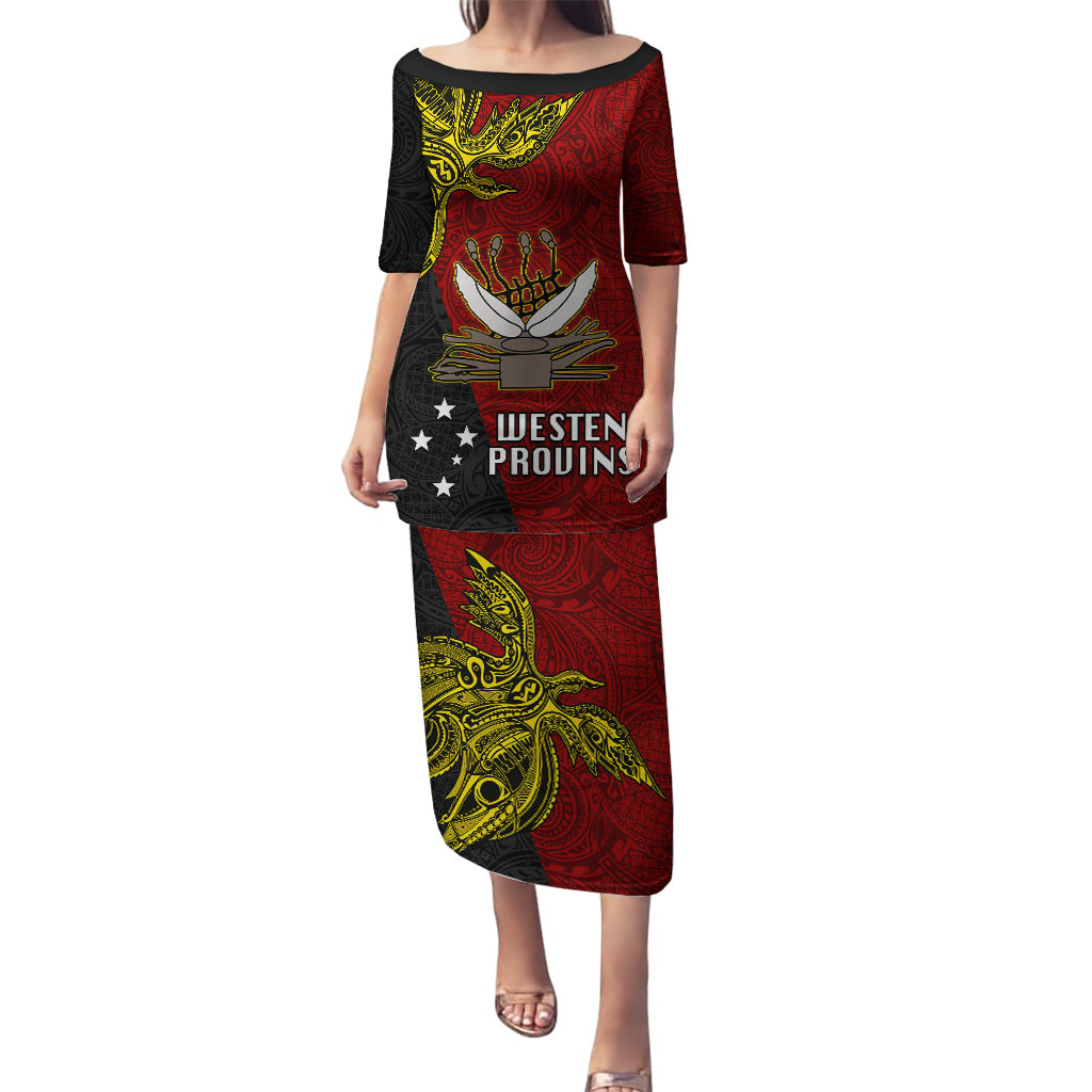 Personalised Papua New Guinea Western Province Puletasi PNG Birds Of Paradise Polynesian Arty Style LT03 Long Dress Red - Polynesian Pride