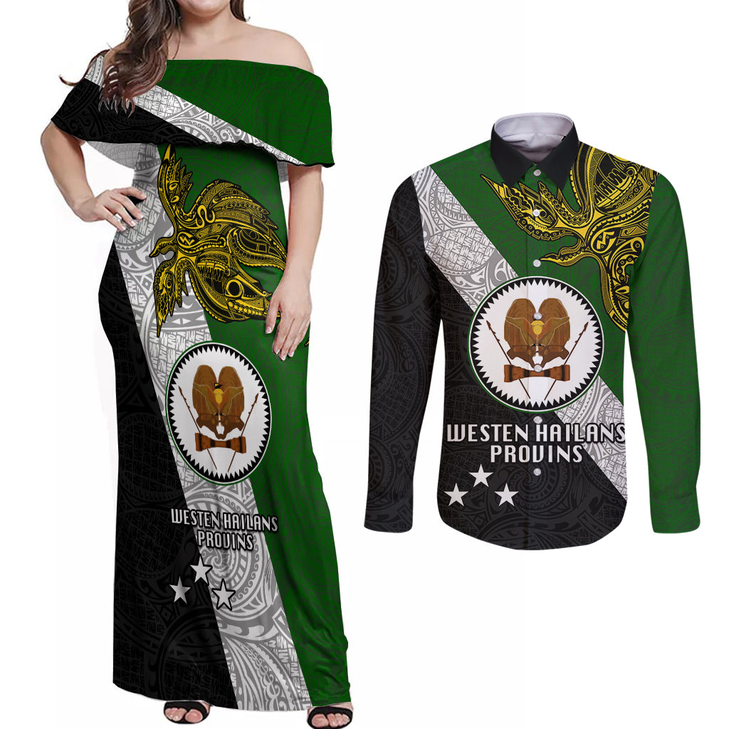Papua New Guinea Western Highlands Province Couples Matching Off Shoulder Maxi Dress and Long Sleeve Button Shirts PNG Birds Of Paradise Polynesian Arty Style LT03 Green - Polynesian Pride