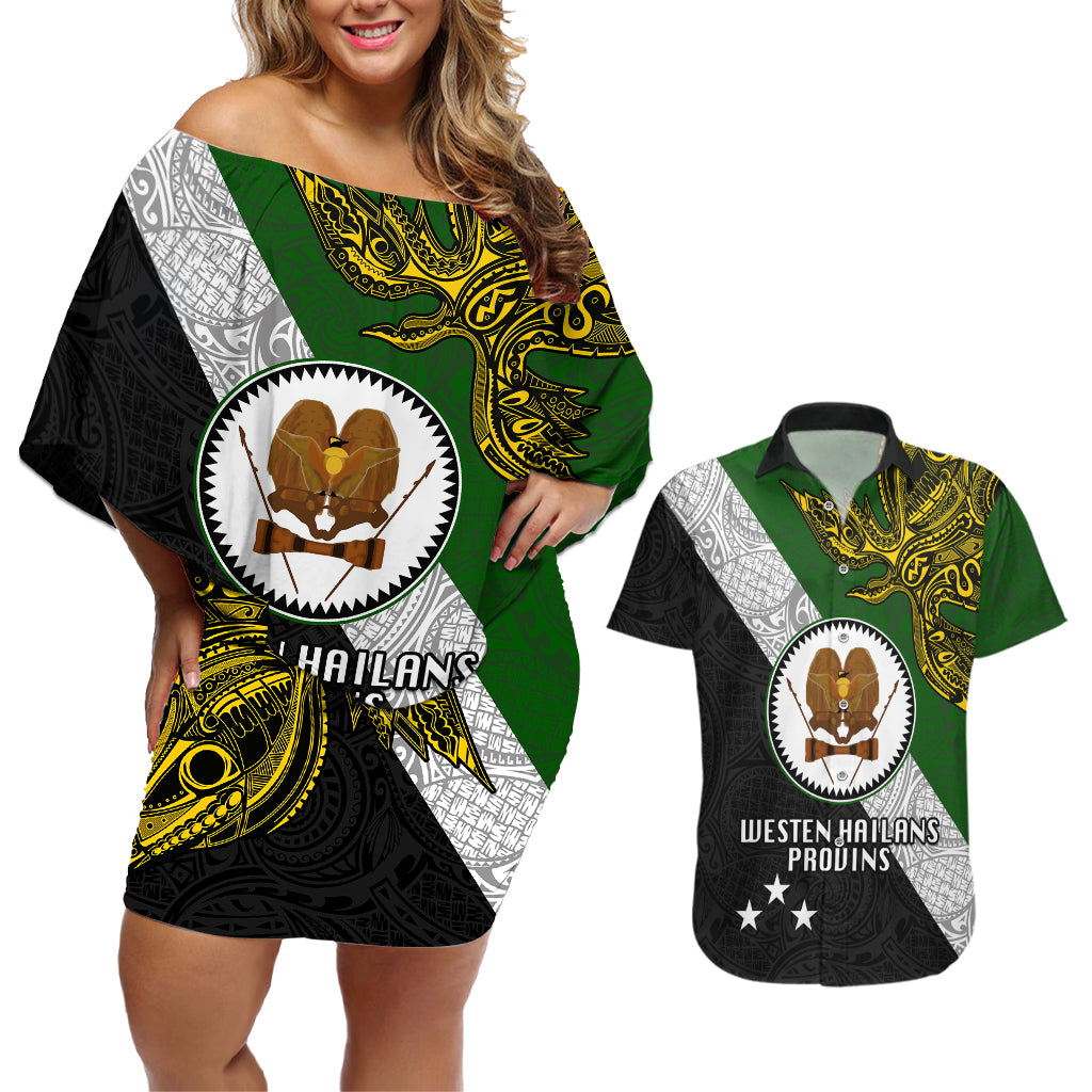 Papua New Guinea Western Highlands Province Couples Matching Off Shoulder Short Dress and Hawaiian Shirt PNG Birds Of Paradise Polynesian Arty Style LT03 Green - Polynesian Pride
