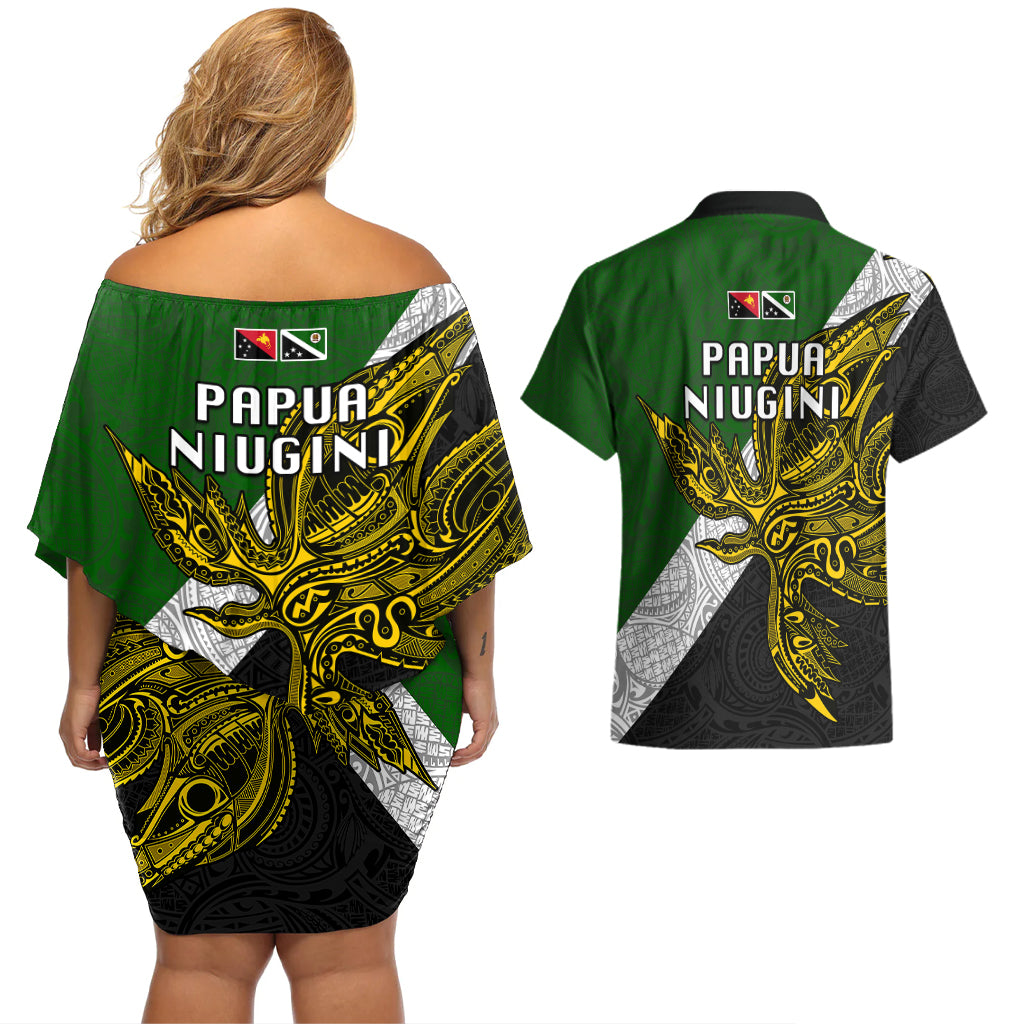 Papua New Guinea Western Highlands Province Couples Matching Off Shoulder Short Dress and Hawaiian Shirt PNG Birds Of Paradise Polynesian Arty Style LT03 - Polynesian Pride