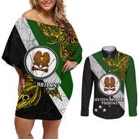 Papua New Guinea Western Highlands Province Couples Matching Off Shoulder Short Dress and Long Sleeve Button Shirts PNG Birds Of Paradise Polynesian Arty Style LT03 Green - Polynesian Pride