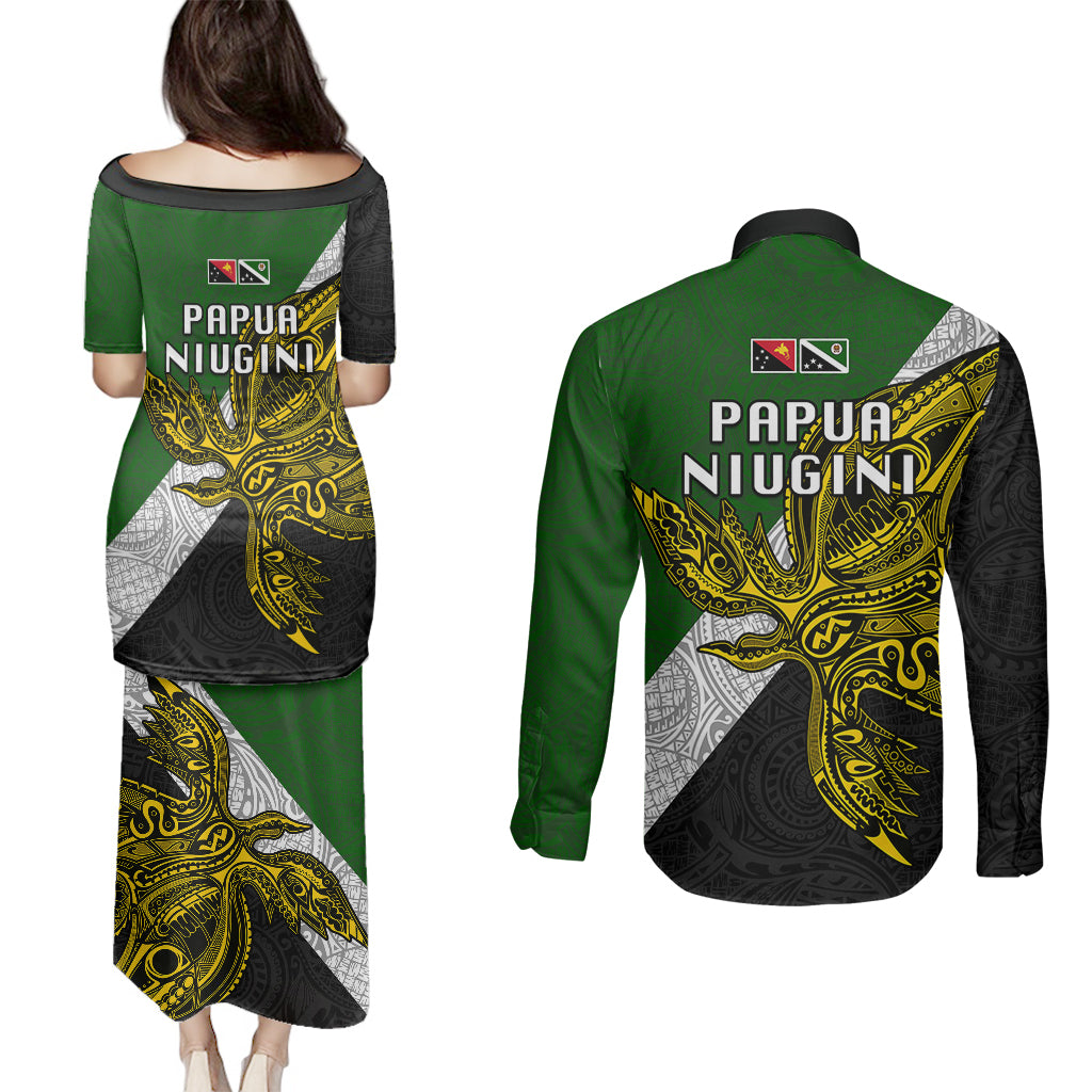 Papua New Guinea Western Highlands Province Couples Matching Puletasi Dress and Long Sleeve Button Shirts PNG Birds Of Paradise Polynesian Arty Style LT03 - Polynesian Pride