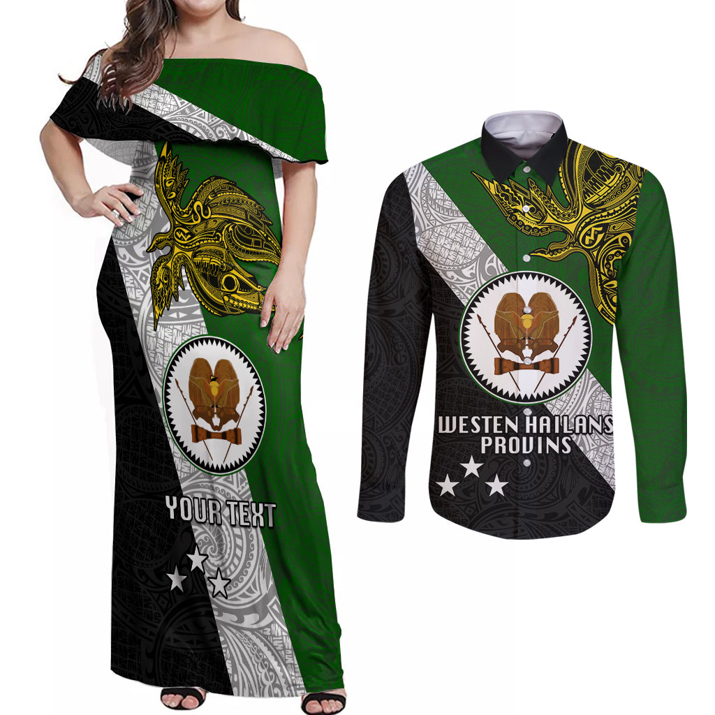 Personalised Papua New Guinea Western Highlands Province Couples Matching Off Shoulder Maxi Dress and Long Sleeve Button Shirts PNG Birds Of Paradise Polynesian Arty Style LT03 Green - Polynesian Pride