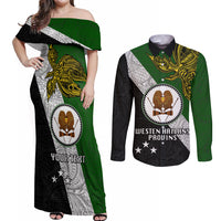 Personalised Papua New Guinea Western Highlands Province Couples Matching Off Shoulder Maxi Dress and Long Sleeve Button Shirts PNG Birds Of Paradise Polynesian Arty Style LT03 Green - Polynesian Pride