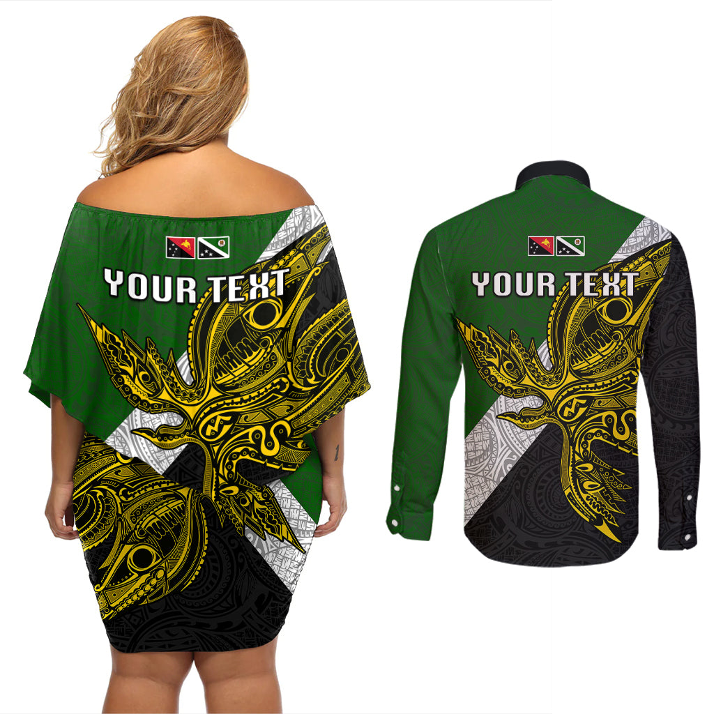 Personalised Papua New Guinea Western Highlands Province Couples Matching Off Shoulder Short Dress and Long Sleeve Button Shirts PNG Birds Of Paradise Polynesian Arty Style LT03 - Polynesian Pride