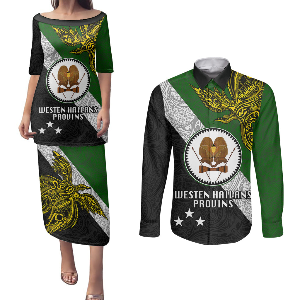 Personalised Papua New Guinea Western Highlands Province Couples Matching Puletasi Dress and Long Sleeve Button Shirts PNG Birds Of Paradise Polynesian Arty Style LT03 Green - Polynesian Pride
