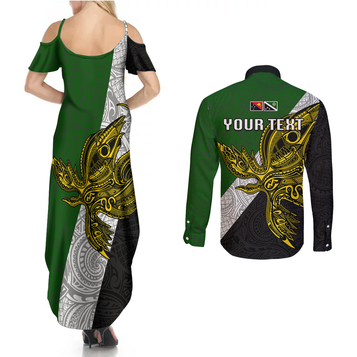 Personalised Papua New Guinea Western Highlands Province Couples Matching Summer Maxi Dress and Long Sleeve Button Shirts PNG Birds Of Paradise Polynesian Arty Style LT03 - Polynesian Pride