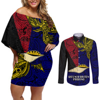 Papua New Guinea West New Britain Province Couples Matching Off Shoulder Short Dress and Long Sleeve Button Shirts PNG Birds Of Paradise Polynesian Arty Style LT03 Blue - Polynesian Pride
