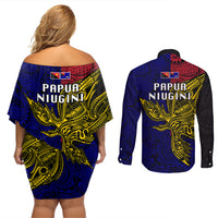 Papua New Guinea West New Britain Province Couples Matching Off Shoulder Short Dress and Long Sleeve Button Shirts PNG Birds Of Paradise Polynesian Arty Style LT03 - Polynesian Pride