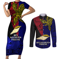 Papua New Guinea West New Britain Province Couples Matching Short Sleeve Bodycon Dress and Long Sleeve Button Shirts PNG Birds Of Paradise Polynesian Arty Style LT03 Blue - Polynesian Pride
