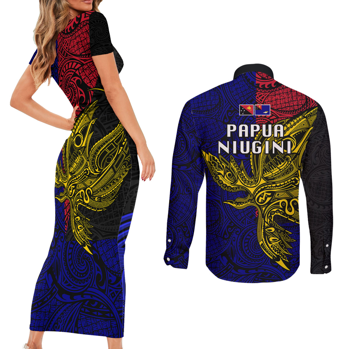 Papua New Guinea West New Britain Province Couples Matching Short Sleeve Bodycon Dress and Long Sleeve Button Shirts PNG Birds Of Paradise Polynesian Arty Style LT03 - Polynesian Pride