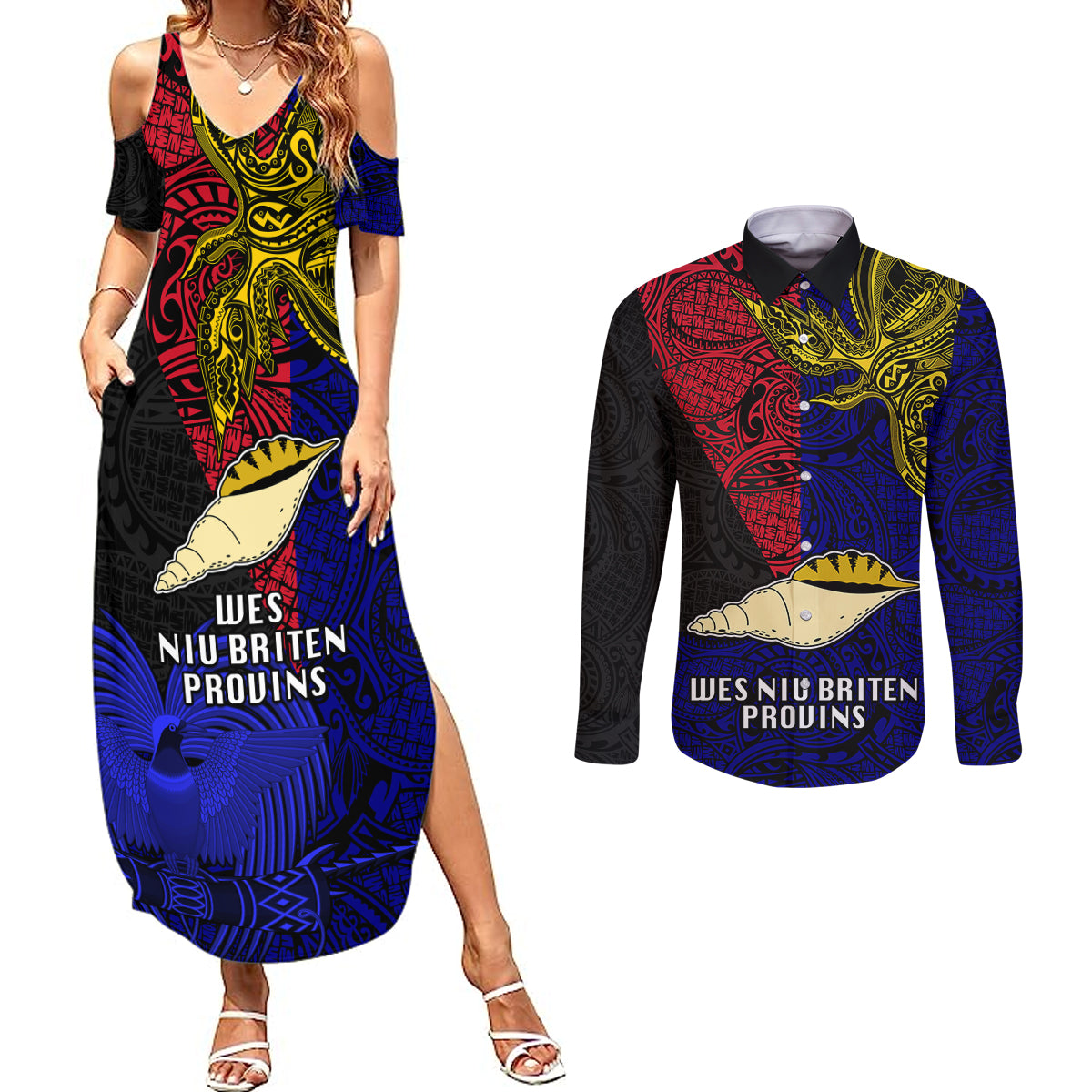 Papua New Guinea West New Britain Province Couples Matching Summer Maxi Dress and Long Sleeve Button Shirts PNG Birds Of Paradise Polynesian Arty Style LT03 Blue - Polynesian Pride