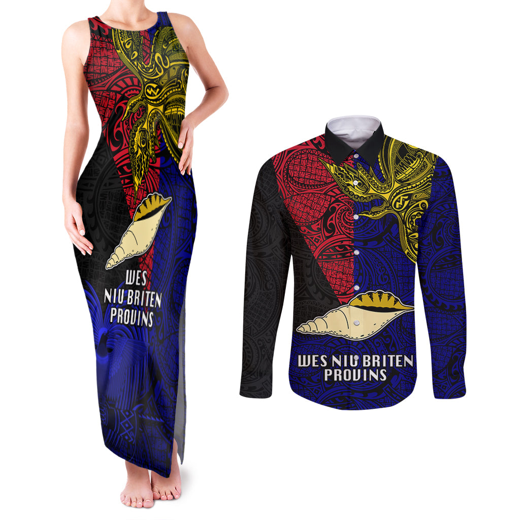 Papua New Guinea West New Britain Province Couples Matching Tank Maxi Dress and Long Sleeve Button Shirts PNG Birds Of Paradise Polynesian Arty Style LT03 Blue - Polynesian Pride