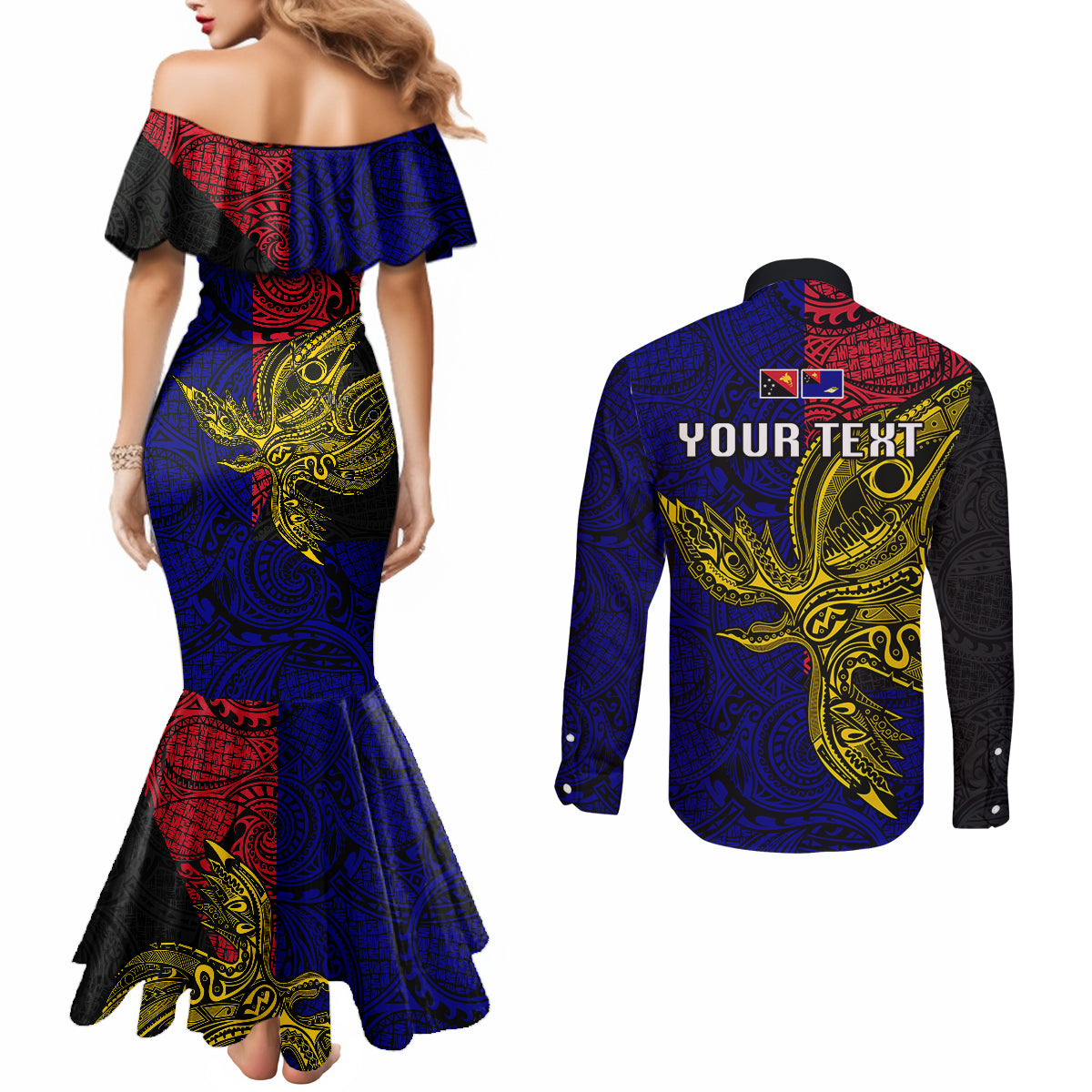 Personalised Papua New Guinea West New Britain Province Couples Matching Mermaid Dress and Long Sleeve Button Shirts PNG Birds Of Paradise Polynesian Arty Style LT03 - Polynesian Pride