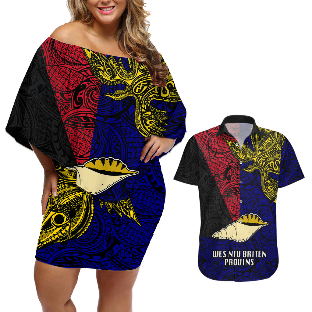 Personalised Papua New Guinea West New Britain Province Couples Matching Off Shoulder Short Dress and Hawaiian Shirt PNG Birds Of Paradise Polynesian Arty Style LT03 Blue - Polynesian Pride