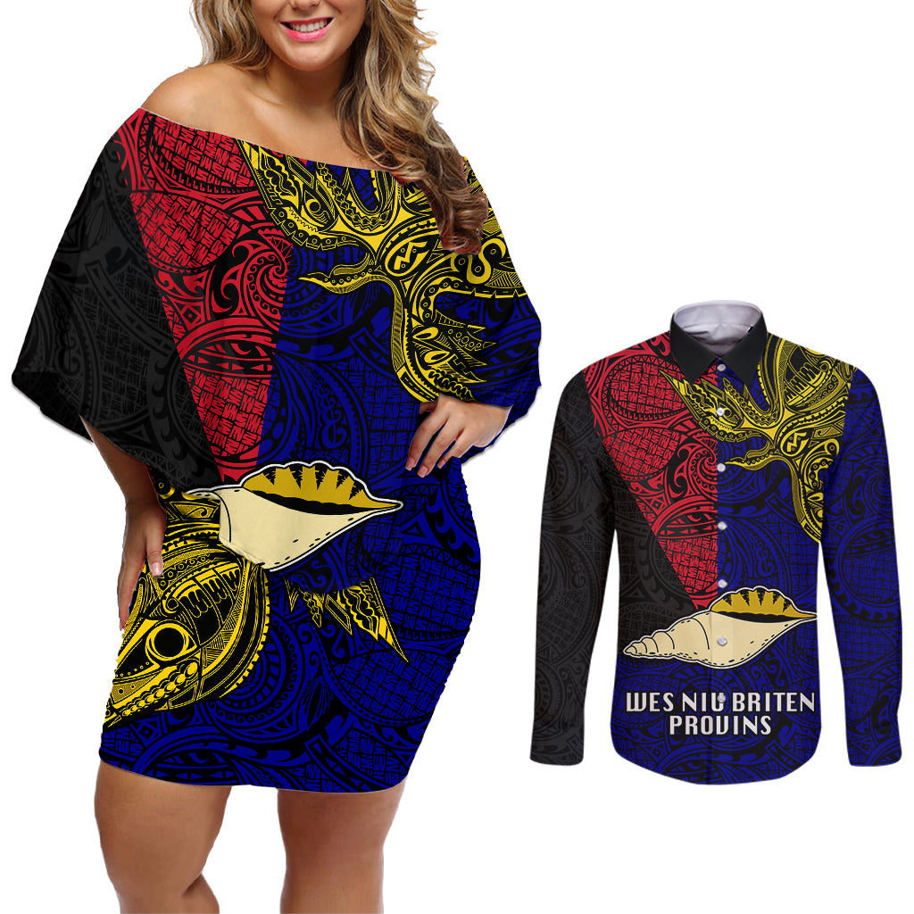 Personalised Papua New Guinea West New Britain Province Couples Matching Off Shoulder Short Dress and Long Sleeve Button Shirts PNG Birds Of Paradise Polynesian Arty Style LT03 Blue - Polynesian Pride