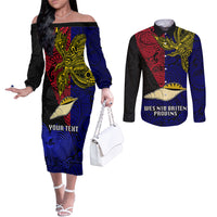 Personalised Papua New Guinea West New Britain Province Couples Matching Off The Shoulder Long Sleeve Dress and Long Sleeve Button Shirts PNG Birds Of Paradise Polynesian Arty Style LT03 Blue - Polynesian Pride
