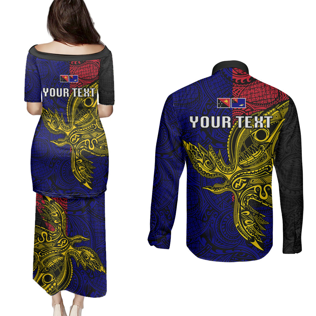 Personalised Papua New Guinea West New Britain Province Couples Matching Puletasi Dress and Long Sleeve Button Shirts PNG Birds Of Paradise Polynesian Arty Style LT03 - Polynesian Pride