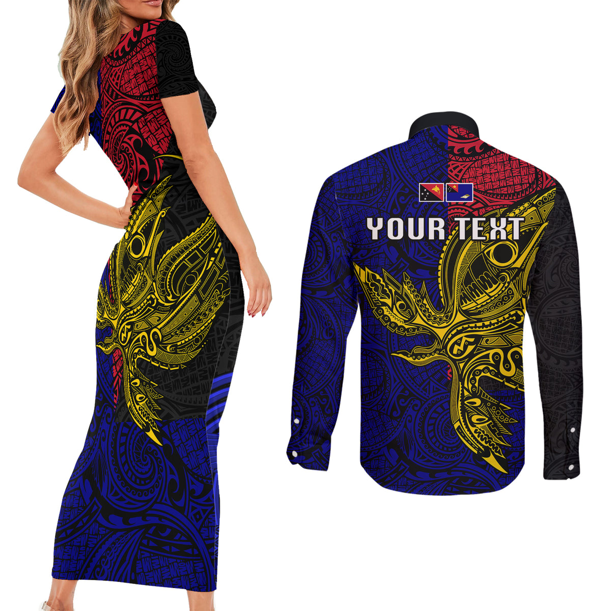 Personalised Papua New Guinea West New Britain Province Couples Matching Short Sleeve Bodycon Dress and Long Sleeve Button Shirts PNG Birds Of Paradise Polynesian Arty Style LT03 - Polynesian Pride
