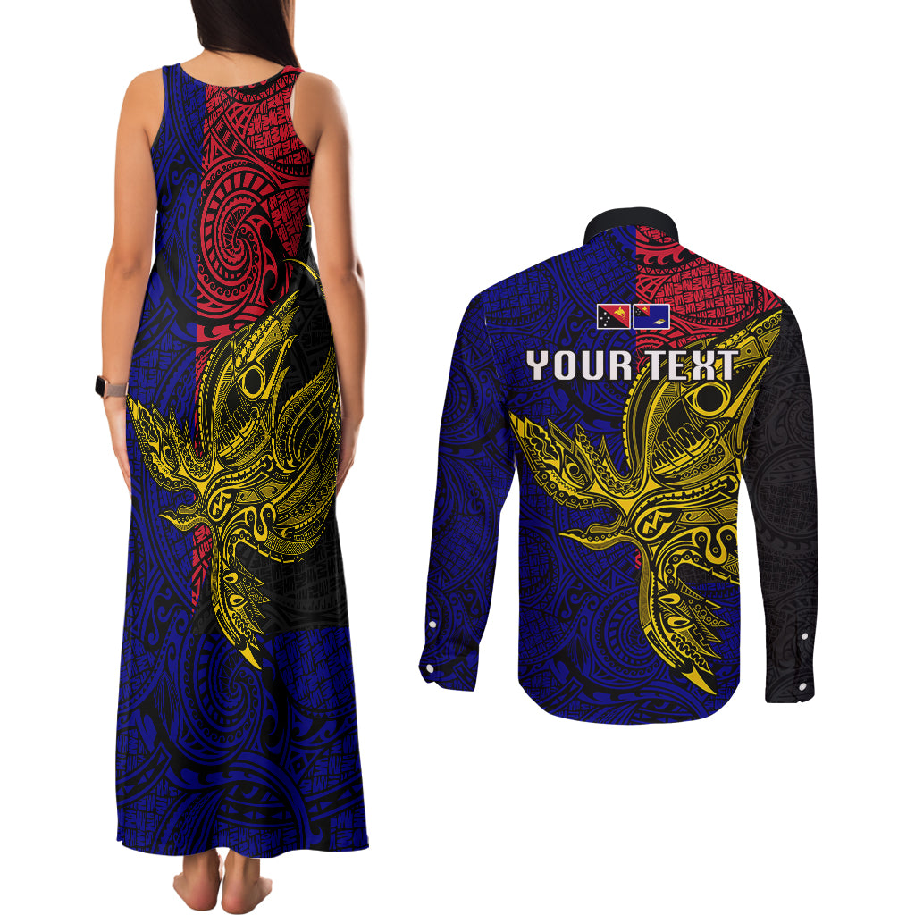 Personalised Papua New Guinea West New Britain Province Couples Matching Tank Maxi Dress and Long Sleeve Button Shirts PNG Birds Of Paradise Polynesian Arty Style LT03 - Polynesian Pride